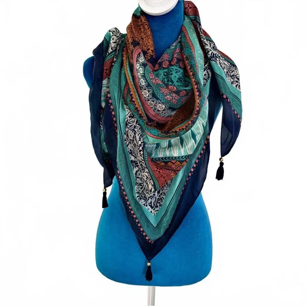 Lucky Brand 100% Silk Mandala Anthro Boho Retro Indie Hippie Scarf Wrap Tassels